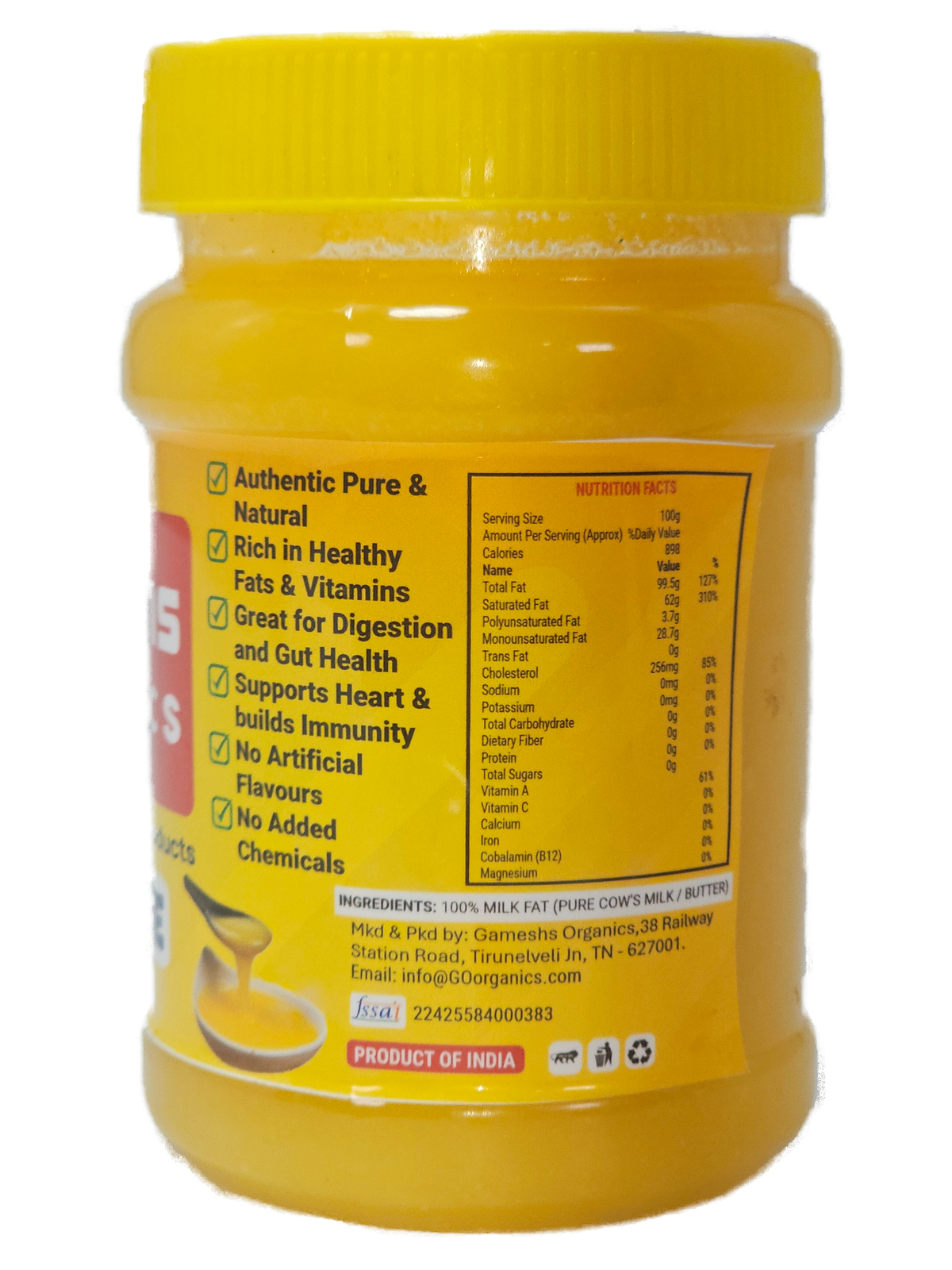 Pure Cow Ghee Nutrition Info - Gameshs Organics